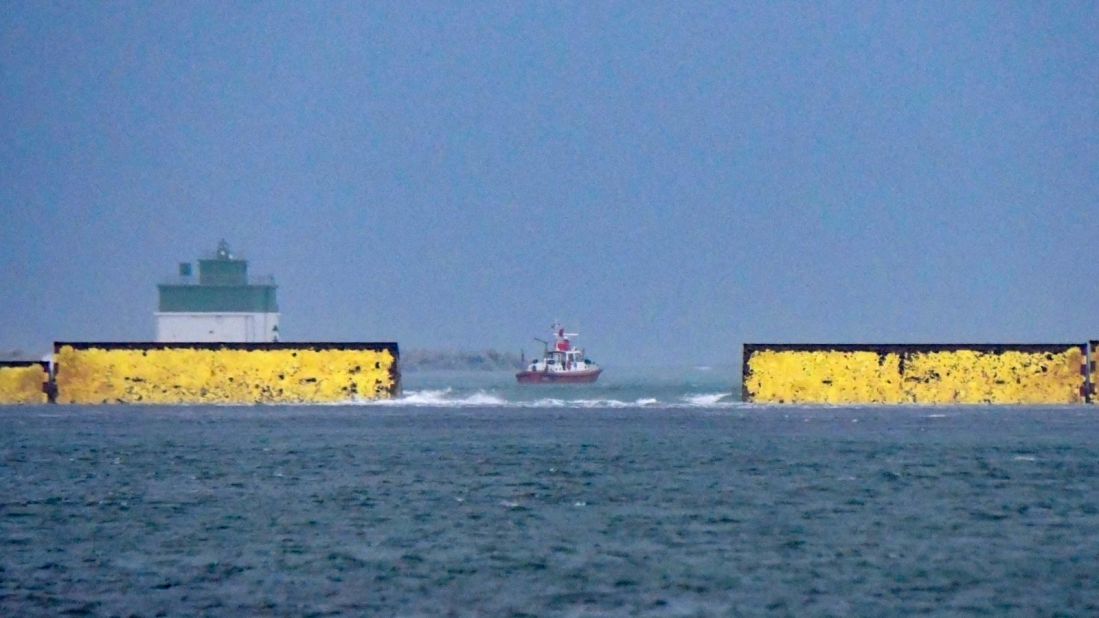 <strong>Flood barrier: </strong>The<strong> </strong>MOSE Experimental Electromechanical Module protects the city of Venice from floods. Pictured October 3, the last mobile gate is about to be lifted at the Malamocco inlet off Venice's Lido. 