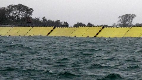 The new flood barrier in action at the Malamocco inlet off Venice's Lido.