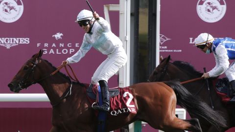 Jessica Marcialis, of Italy, riding Tiger Tanaka to victory in the Qatar Prix Marcel Boussac. 