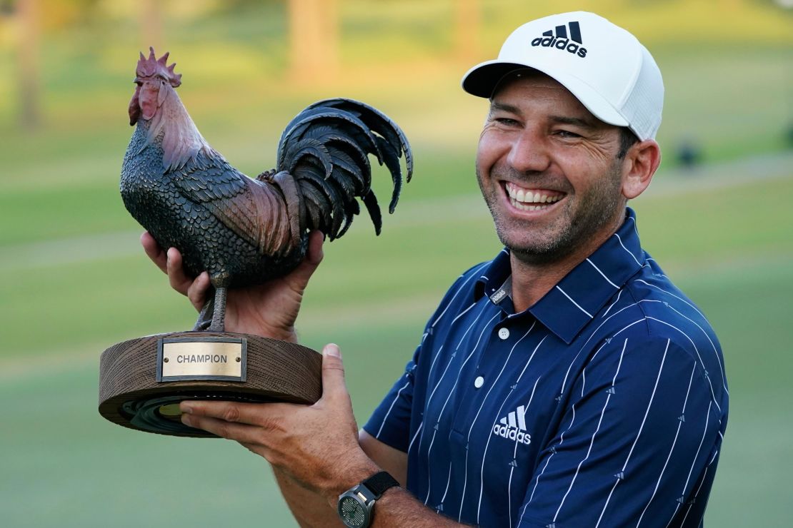 Garcia holds the Sanderson Farms Championship trophy after winning the PGA Tour tournament. 