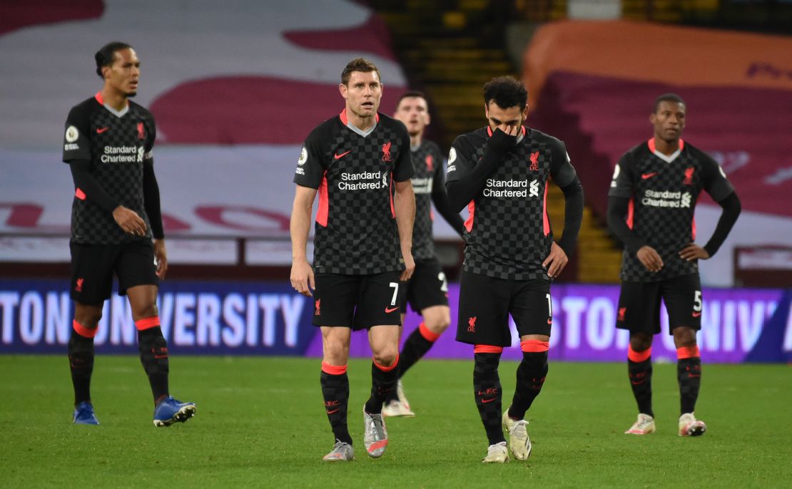 Mo Salah (right) and James Milner look on in Liverpool's thrashing by Aston Villa. 