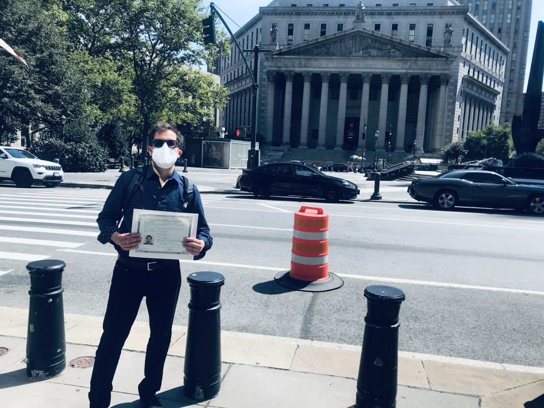 Uri Gurvich in front of the New York County Supreme Court Building in Lower Manhattan following his oath ceremony. 