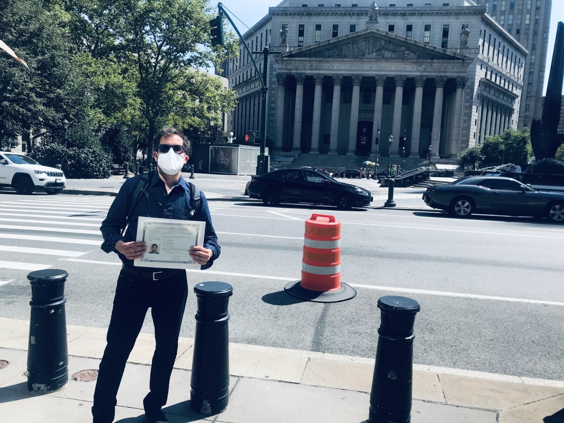 Uri Gurvich in front of the New York County Supreme Court Building in Lower Manhattan following his oath ceremony.