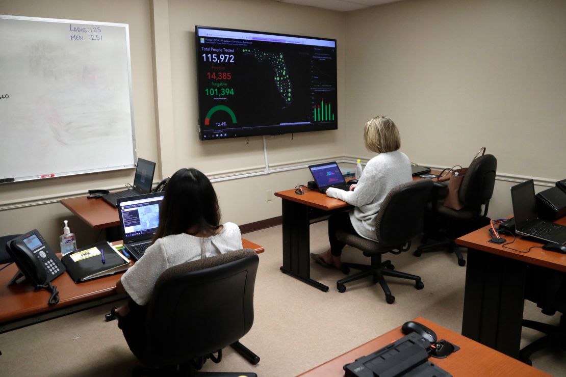 Workers conduct  coronavirus contact tracing from an office at the Florida Department of Health in Miami-Dade County. 