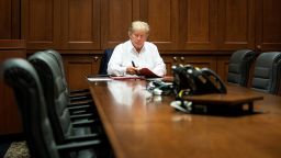 BETHESDA, MD - OCTOBER 03: In this handout provided by The White House, President Donald J. Trump works in his conference room at Walter Reed National Military Medical Center  after testing positive for COVID-19 on October 3, 2020 in Bethesda, Maryland. President Trump's medical team says the President's oxygen levels dropped and he took a steroid treatment of dexamethasone. (Photo by Joyce N. Boghosian/The White House via Getty Images)