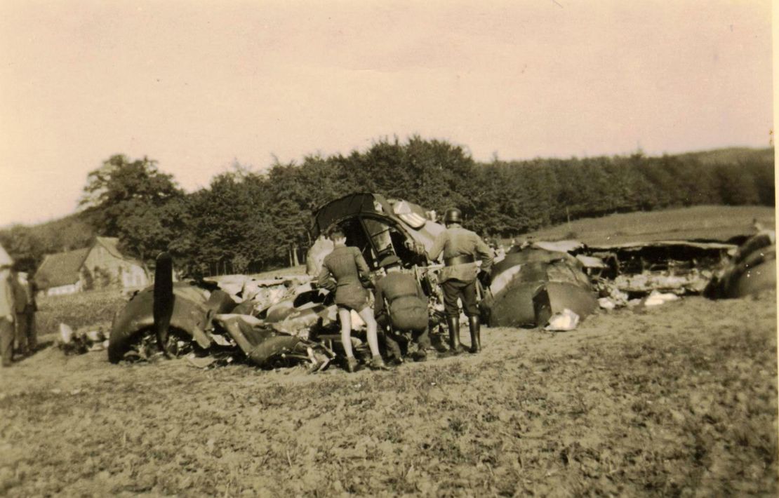 The wreckage of Frank Murphy's plane, Aw-R-go on Oct 10, 1943 near Munster, Germany.