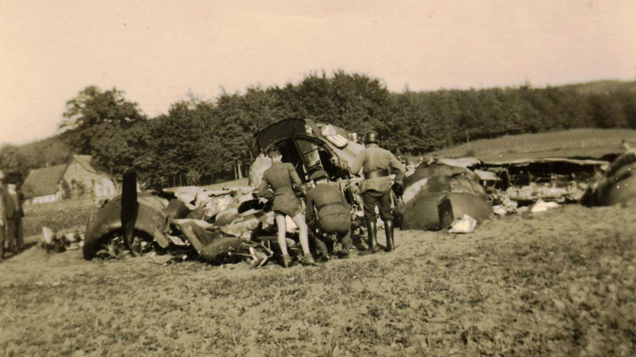 The wreckage of Frank Murphy's plane, Aw-R-go on Oct 10, 1943 near Munster, Germany.