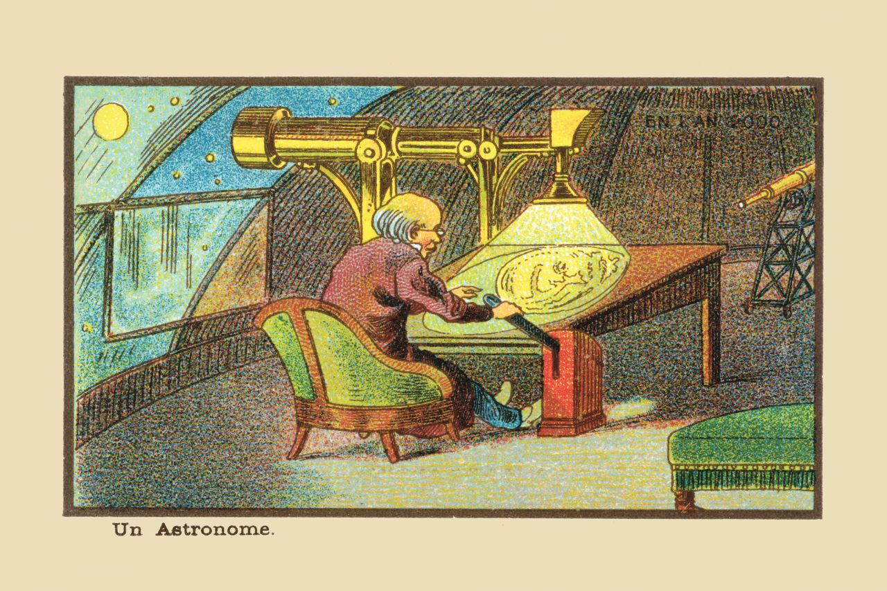 In 1899, French artist Jean-Marc Cote produced a series of illustrations predicting technologies in the year 2000. In "Un Astronome" he depicts a man viewing a projection of the moon on a table.