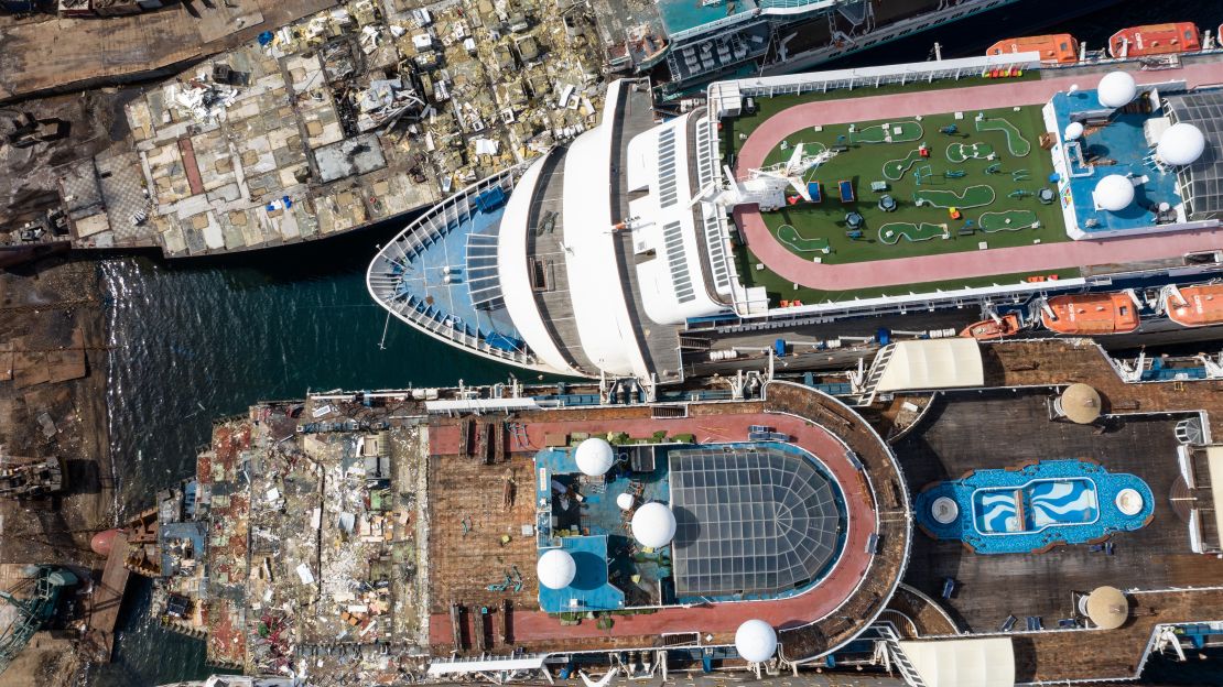 Cruise ships pictured mid-destruction at Aliaga, in Turkey.