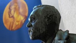 A bust of Alfred Nobel is pictured prior to the announcement of the winners of the 2020 Nobel Prize in Physiology or Medicine at the Karolinska Institute in Stockholm, Sweden, on October 5, 2020. (Photo by Jonathan NACKSTRAND / AFP) (Photo by JONATHAN NACKSTRAND/AFP via Getty Images)