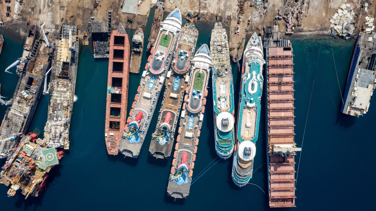 <strong>End of the line:</strong> When a cruise company retires a ship and the vessel can't be sold to another company, it'll be sold for scrap. Some cruise ships may sail the globe for decades, but most will eventually end up in ship breaking yards such as Alang, India or Aliaga, Turkey, pictured here.
