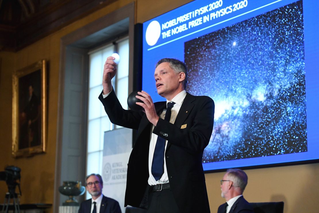 Ulf Danielsson, member of the Royal Swedish Academy of Sciences, speaks at a news conference following the announcement in  Stockholm, Sweden, on October 6.