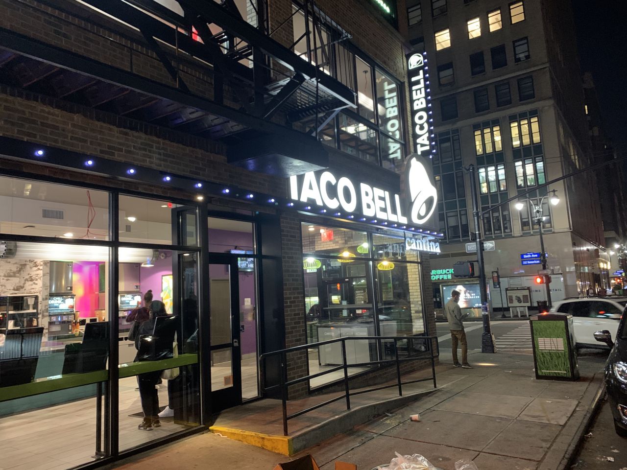 Diners who choose to eat outdoors at Keens have a view of this Taco Bell Cantina.