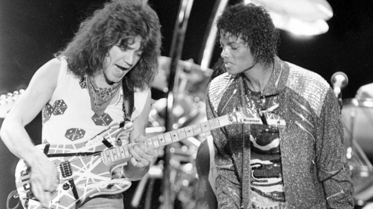 This 1984 photo shows Van Halen  performing "Beat It" with Michael Jackson