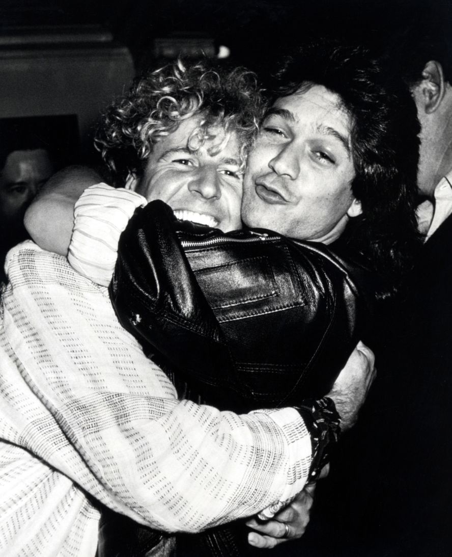 Singer-songwriter Sammy Hagar and Eddie hug at the Shout Disco in New York in 1985 at the MTV Awards Pre-Party.