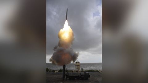 A missile containing a torpedo blasts off from a truck-mounted launcher on India's Wheeler Island on Monday in a photo from India's Defense Ministry.