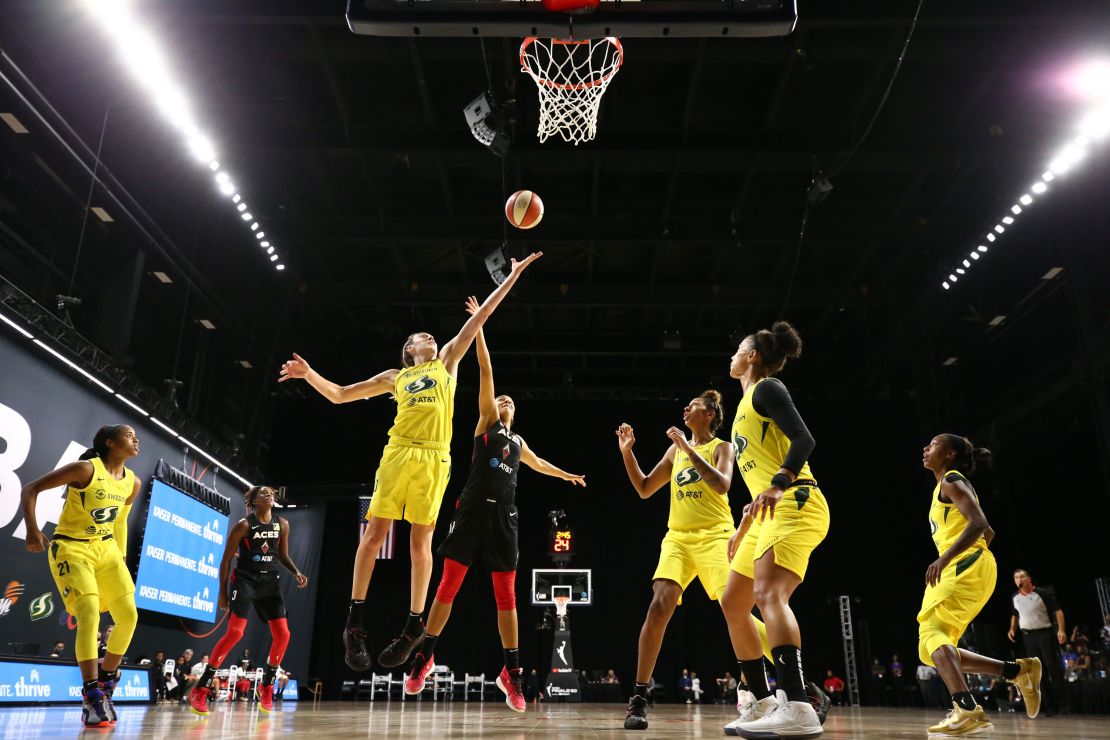 Breanna Stewart of the Seattle Storm stretches for the ball during Game 3 of the WNBA Finals against the Las Vegas Aces on Tuesday, October 6, 2020.