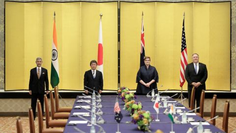 Indian Foreign Minister Subrahmanyam Jaishankar, Japan's Foreign Minister Toshimitsu Motegi, Australia's Foreign Minister Marise Payne and US Secretary of State Mike Pompeo attend the four Indo-Pacific nations' foreign ministers meeting in Tokyo on October 6, 2020.