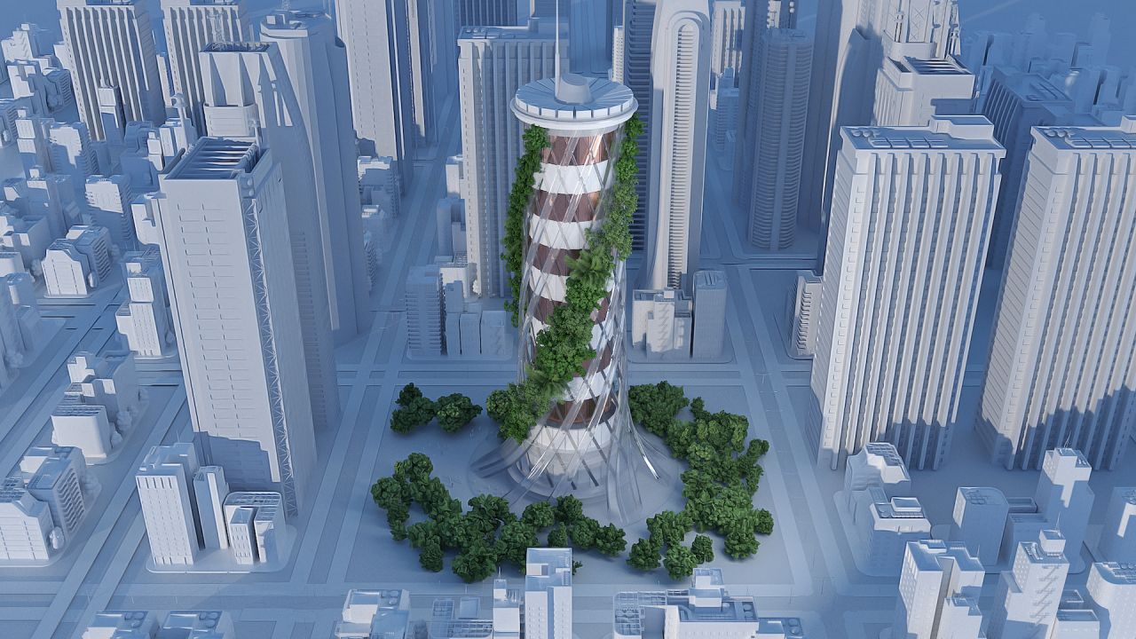 Because perovskite solar cells work better than silicon in low light, Poland-based Saule Technologies says semi-transparent cells could be clad on buildings in built up areas, as in this rendering. <br />