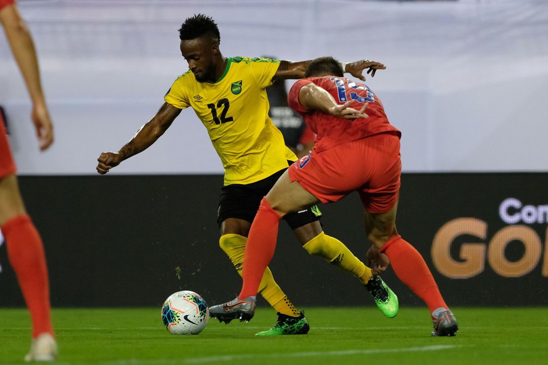 Junior Flemmings of Jamaica (L) battles for the ball with Matt Miazga of USA during the 2019 Concacaf Gold Cup semifinal football match between USA and Jamaica on July 3, 2019 in Nashville, Tennessee.