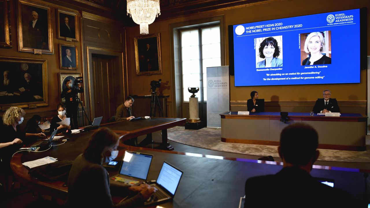 The winners of the 2020 Nobel prize in Chemistry are announced at the ceremony in Stockholm on Wednesday.
