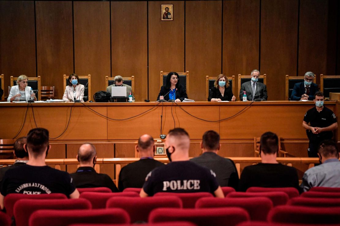 Presiding judge Maria Lepenioti sits in the supreme court as she announces the verdict in the trial of suspected Golden Dawn members.