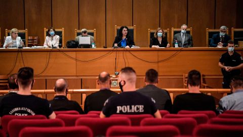 Presiding judge Maria Lepenioti sits in the supreme court as she announces the verdict in the trial of suspected Golden Dawn members.