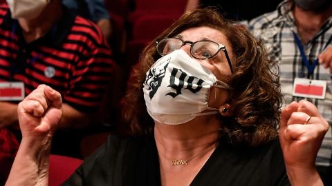 Magda Fyssa, the mother of murdered singer Pavlos Fyssas, reacts in court following the verdict on October 7.