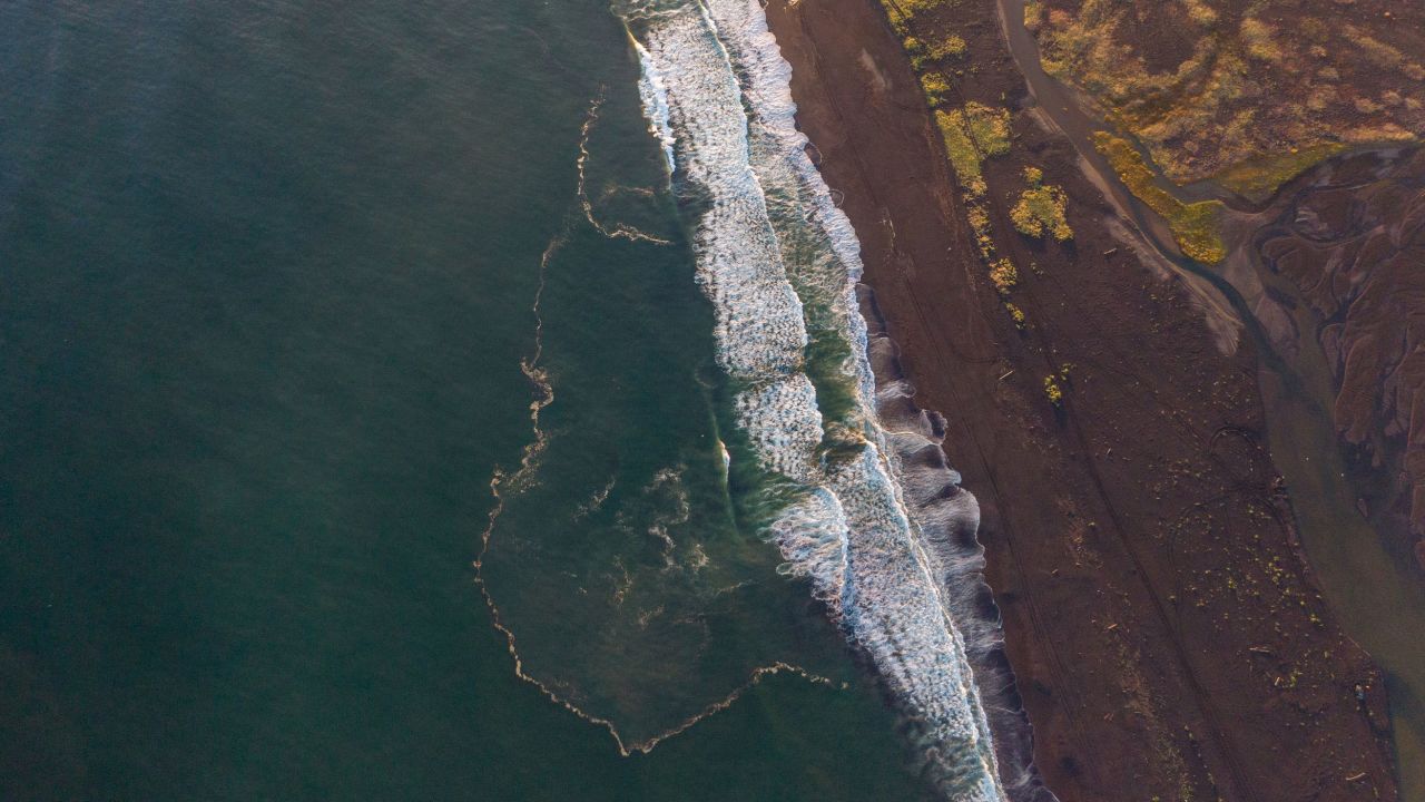 An aerial view of the suspected spill of an unknown toxic substance off Russia's Kamchatka Peninsula.