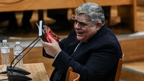 Former MP and leader of Golden Dawn party, Nikolaos Michaloliakos, testifies before the criminal appeal court in Athens, in November 2019.