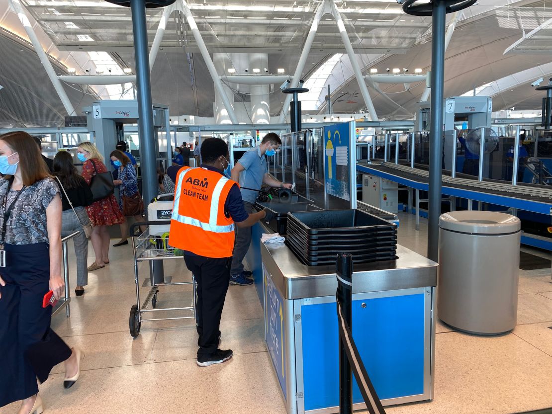 Antimicrobial bins have replaced the old, gray plastic bins for carry-ons to pass through security. The chemistry of these bins makes them safer, but the bins are also sprayed after each use.