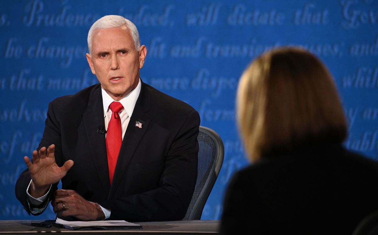 Pence answers a question from moderator Susan Page.