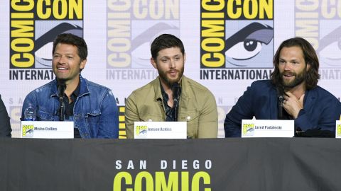 Misha Collins, Jensen Ackles, and Jared Padalecki speak at the "Supernatural" panel during 2019 Comic-Con International at San Diego Convention Center on July 21, 2019 in San Diego, California. The show became a major draw during the annual event, taking over the largest venue, Hall H, for several years. 