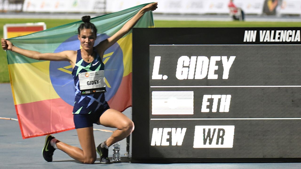 Ethiopia's Letesenbet Gidey celebrates after breaking the 5,000m world record.
