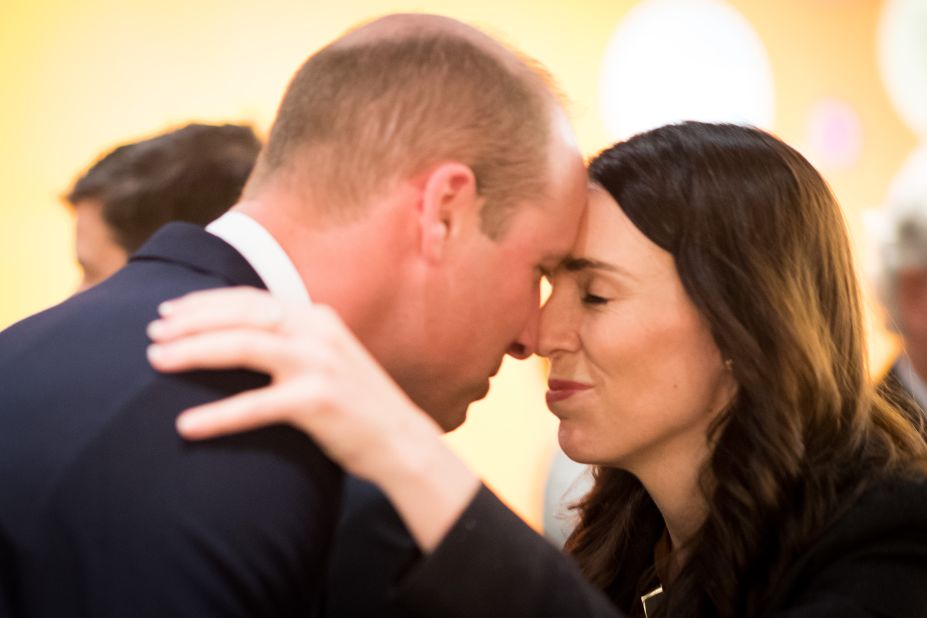 Jacinda Ardern greets Prince William with a hongi, a traditional Māori greeting, as they attend an Anzac Day service remembering fallen soldiers on April 25, 2019 in Auckland. Prince William was in New Zealand to commemorate the people killed in the Christchurch mosque terror attacks.