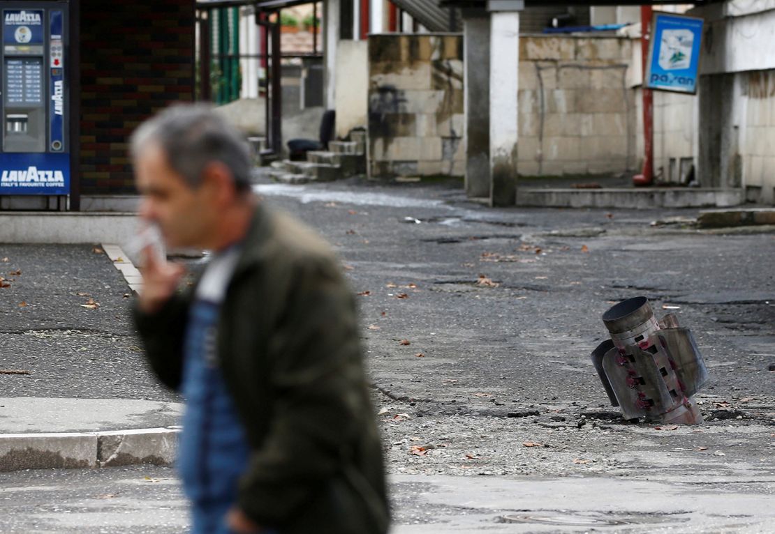 A rocket case is seen after recent shelling during the conflict over the breakaway region of Nagorno-Karabakh in Stepanakert on October 7.