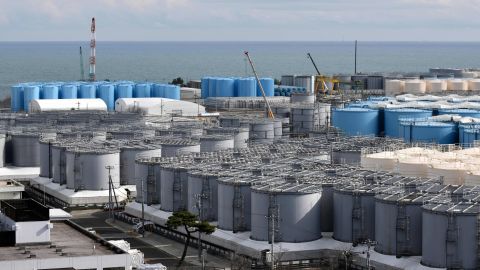 This picture taken on Feb. 3, 2020 shows storage tanks for contaminated water at the Tokyo Electric Power Company's nuclear power plant in Okuma, Fukushima prefecture. 