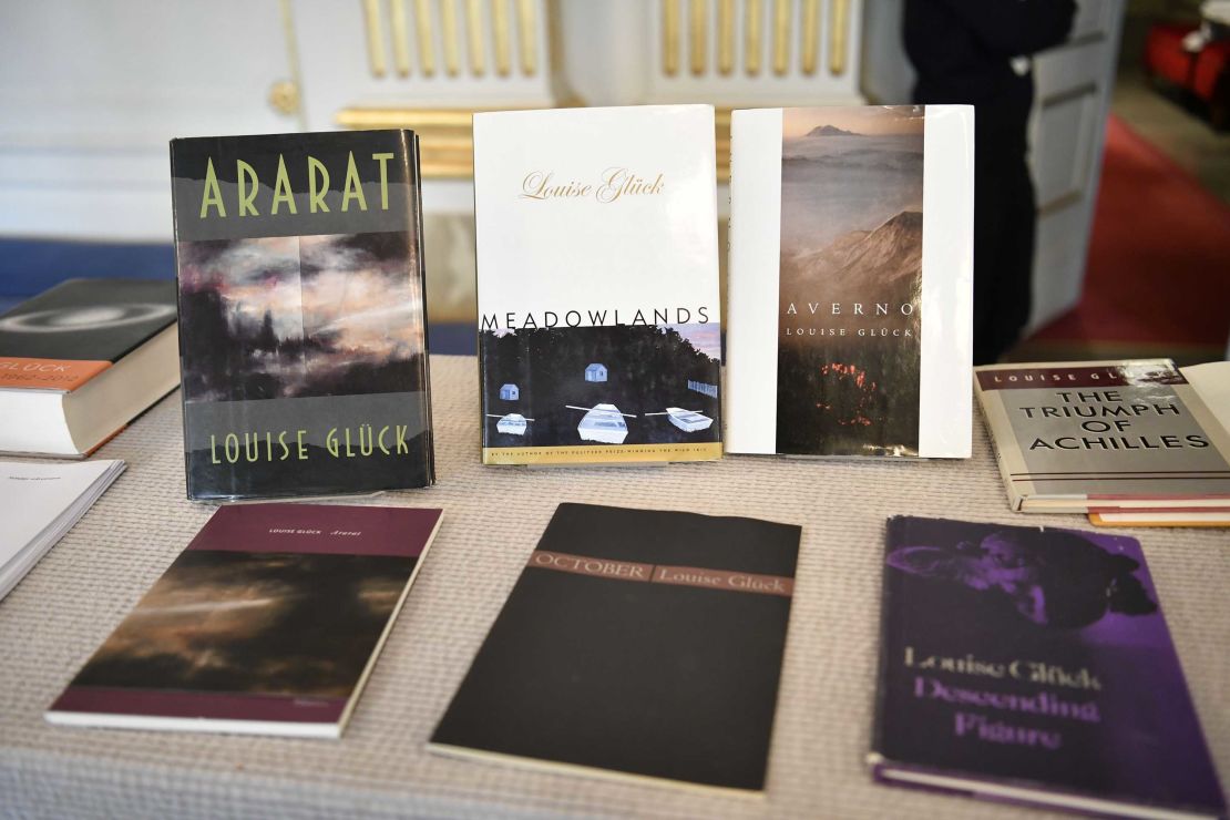 Glück's books on display at the Swedish Academy in Stockholm on October 8.