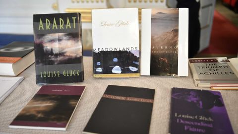 Louise Gluck's books are on display during the announcement of the 2020 Nobel Prize in literature at the Swedish Academy in Stockholm on October 8, 2020. 