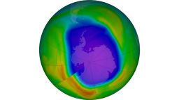 False-color view of total ozone over the Antarctic pole. The purple and blue colors are where there is the least ozone, and the yellows and reds are where there is more ozone.