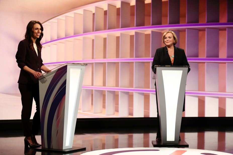 National leader Judith Collins and Prime Minister Jacinda Ardern speak during a live leaders debate on September 22, 2020 in Auckland.