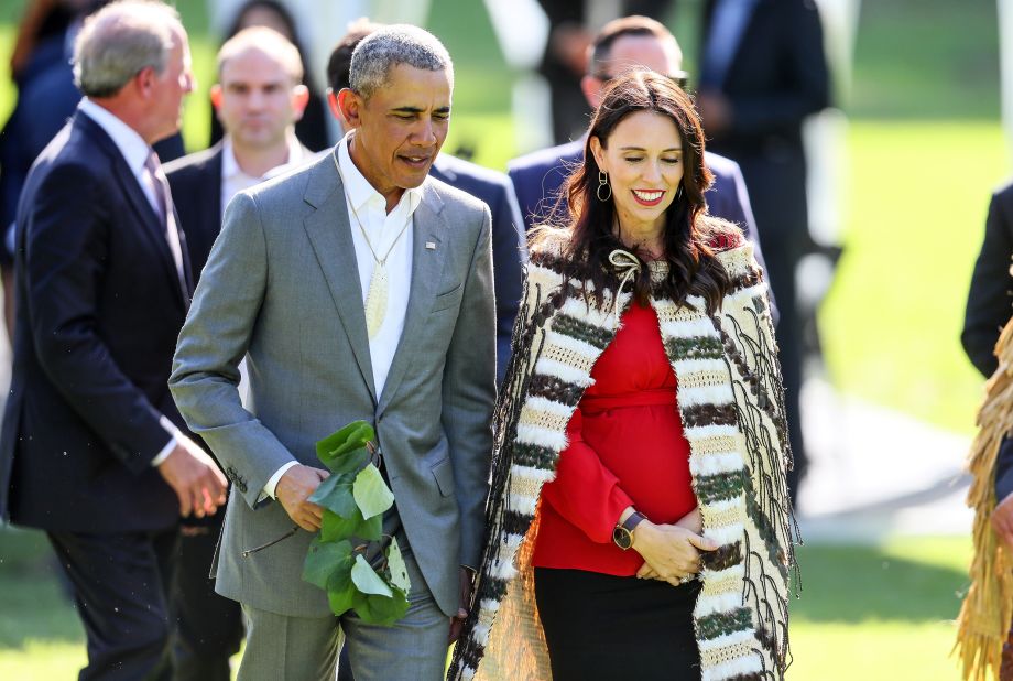 Barack Obama attends a pōwhiri -- a formal Māori welcoming ceremony -- with New Zealand Prime Minister Jacinda Ardern at Government House on March 22, 2018 during his visit to Auckland.