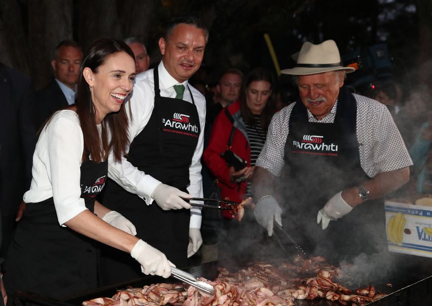 Jacinda Ardern and her coalition partner, Green Party leader James Shaw and former Labour Party politician Dover Samuels, cook breakfast on February 6 to mark Waitangi Day, a national holiday commemorating the signing of the Treaty of Waitangi between Māori chief and the British Crown.