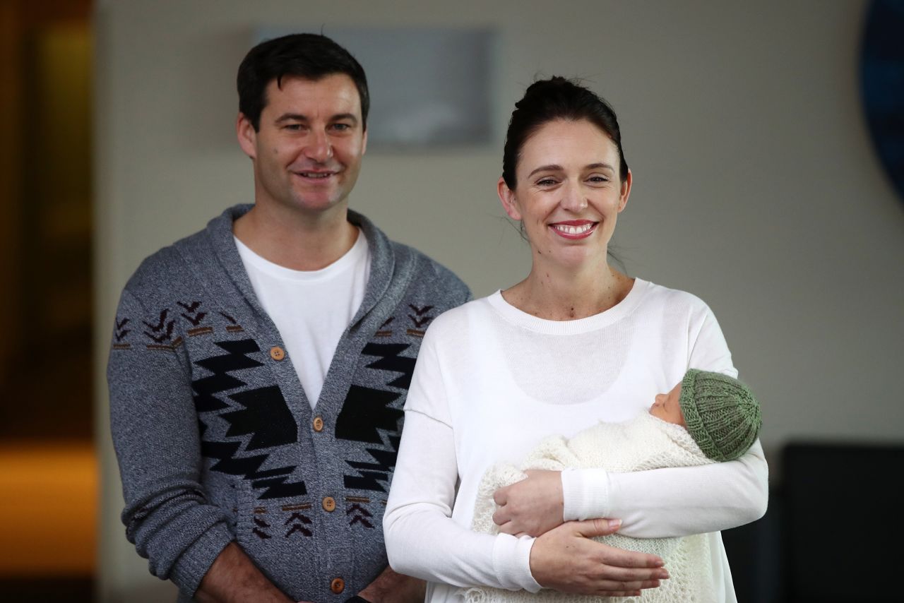 Jacinda Ardern and partner Clarke Gayford pose for a photo with their newborn baby girl Neve Te Aroha Ardern Gayford on June 24, 2018 in Auckland. Ardern was only the second world leader to give birth in office.