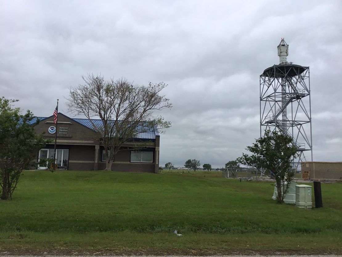 The radar dome at the NWS Lake Charles sits on top of a tower that was battered by winds and is now out of commission as another hurricane heads toward it. 