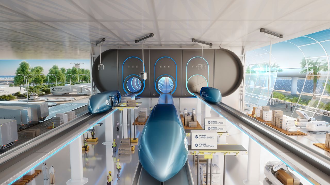 A rendering of a Virgin Hyperloop One Cargospeed station.