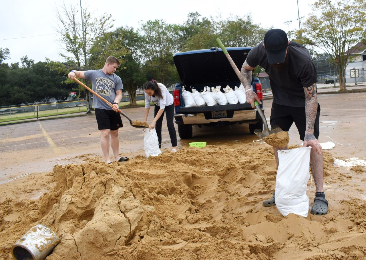People fill sandbags in Alexandria, Louisiana, ahead of Hurricane Delta on October 9.