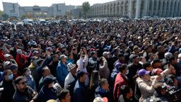 Protesters rally in the central square in Bishkek, Kyrgyzstan, on Wednesday, Oct. 7, 2020, after the results of disputed elections were nullified by authorities.