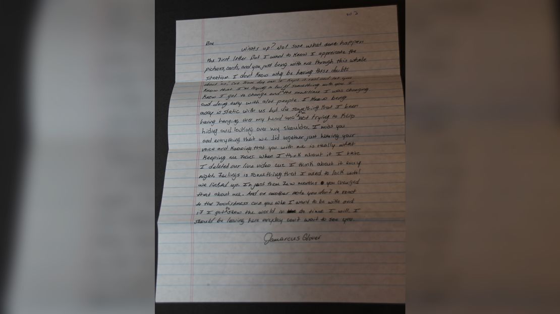 A police photograph of a letter from Jamarcus Glover found at Breonna Taylor's home.