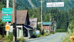 Hyder, Alaska, June, 2018, Old houses and Welcome to Hyder, Alaska sign